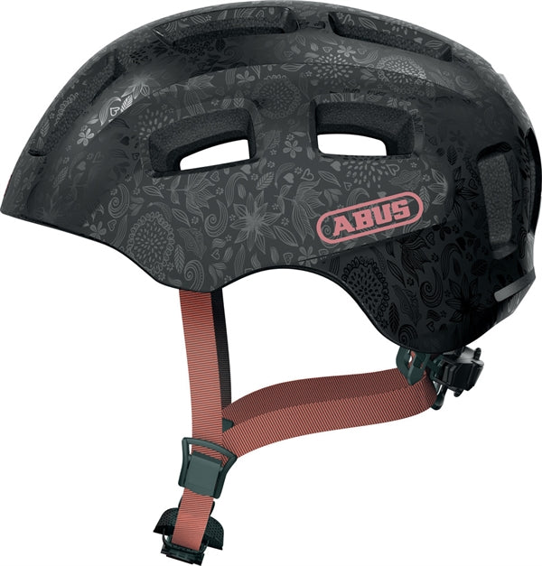 Abus Youn-I 2.0 Flower Art LED lys | sort cykelhjelm med blomstermotiv