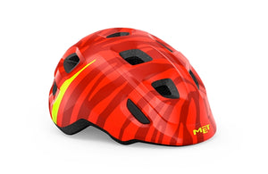 Met Hooray Mips Red Zebra Glossy Grønt spænde rød zebra stribet cykelhjelm til børn med mips og grønt spænde