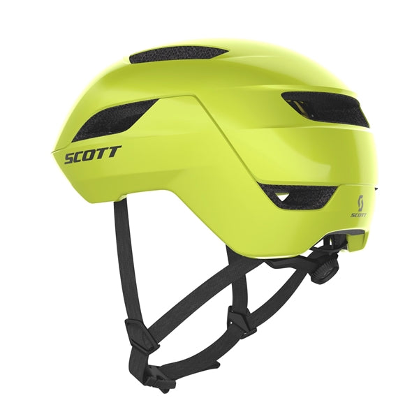 Scott La Mokka Plus Radium Yellow. Gul city cykelhjelm med Mips, LED og Fidlock