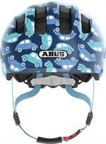 Abus Smiley 3.0 LED Blue Cars. Blå cykelhjelm til barn og baby med biler og LED lygte bagpå