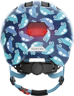 Abus Smiley 3.0 LED Blue Cars. Blå cykelhjelm til barn og baby med biler og LED lygte bagpå
